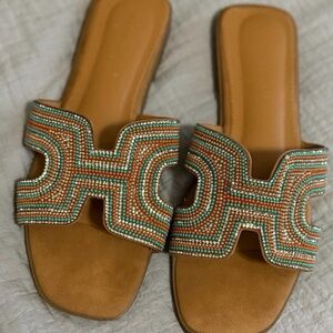 Embellished Tan and Green Slide Sandals